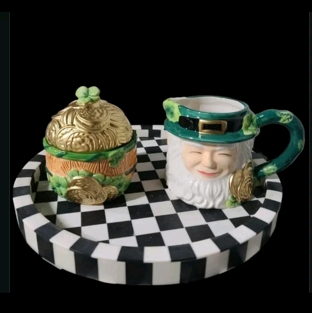 3pc St Patrick's Day Lucky Shamrock Leprechaun Pot O' Gold Teapot Sugar Creamer
